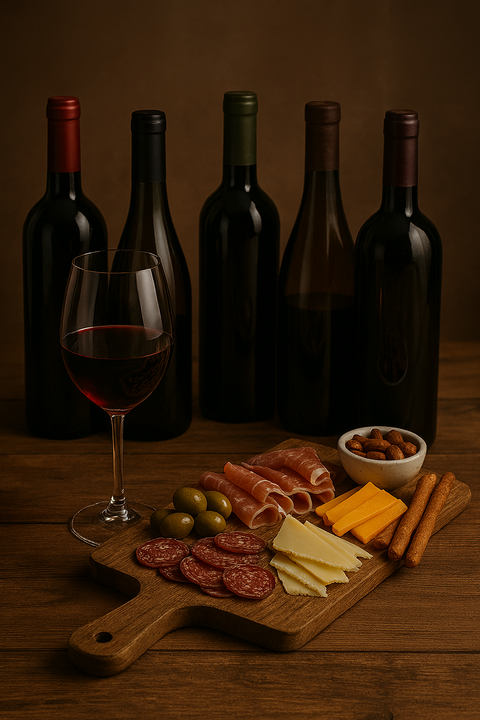 Wine bottles with a charcuterie board featuring cheese, meats & glass.