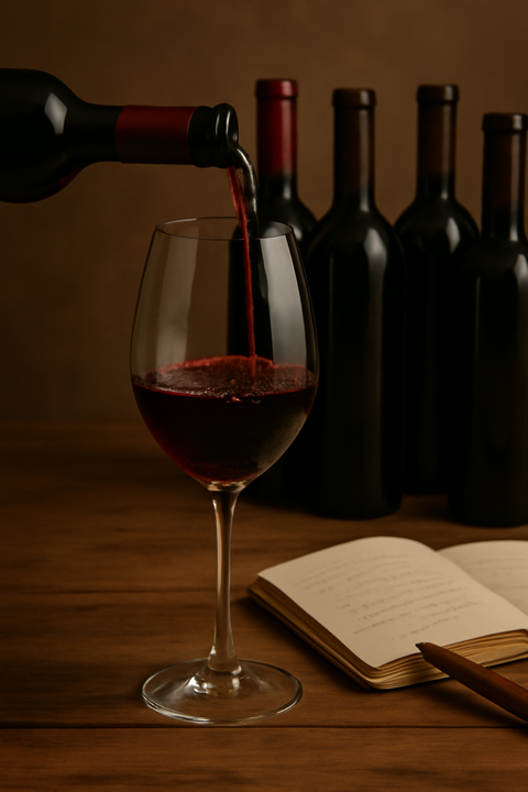 Red wine being poured into glass with wine bottles and open book on wooden table - premium wine collection